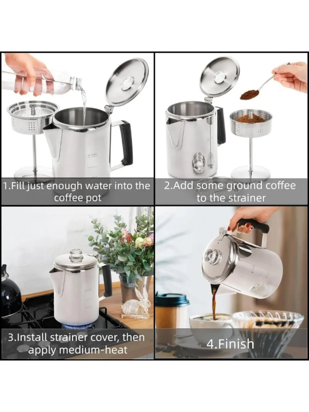 Durable Stainless Steel Camping Coffee Pot - 9 Cup Outdoor Brew Maker for